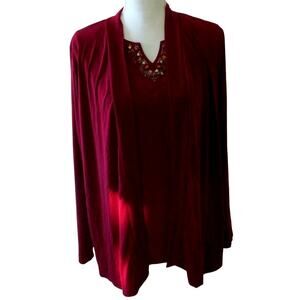 Susan Graver Women's 2 Piece Burgundy Open Front Cardigan With Tank Size Large